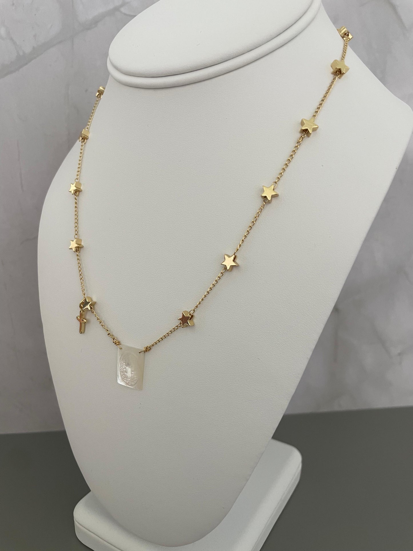 Handmade Gold Star Charm Necklace with Virgin Mary Pendant