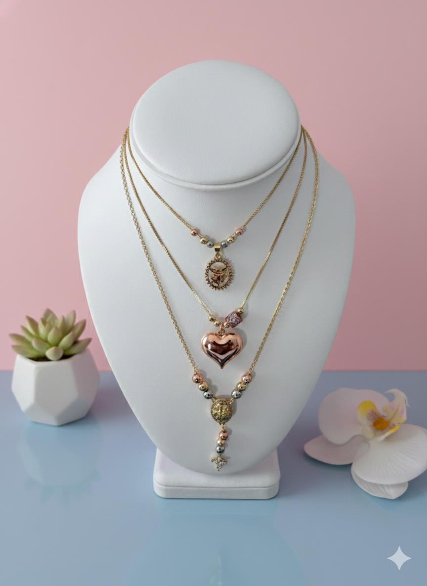 Layered Religious Necklace for Women – Gold Heart Pendant with Medals & Cross, Triple Chain Catholic Faith Necklace Gift.