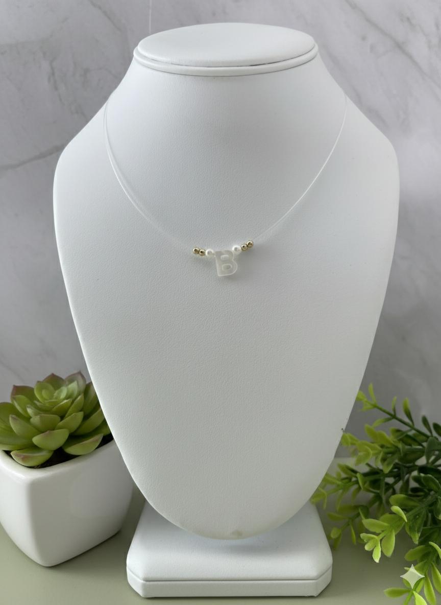 Minimalist “B” Initial Necklace – Floating Letter on Invisible String with Pearls & Gold Beads, Dainty Personalized Jewelry Gift for Her