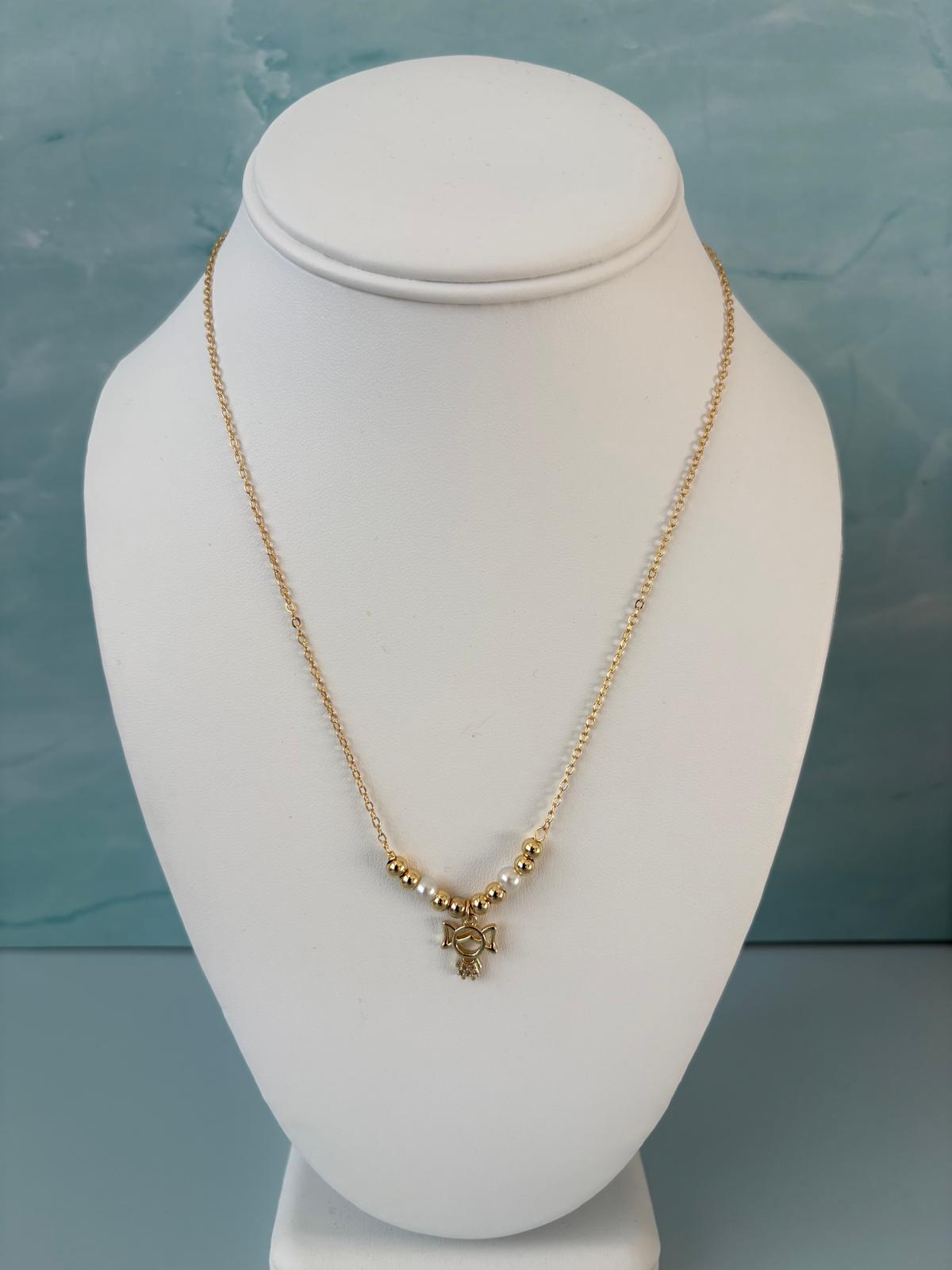 Little Girl & Star Charm Beaded Necklace (Gold-Tone + Pearl Beads)