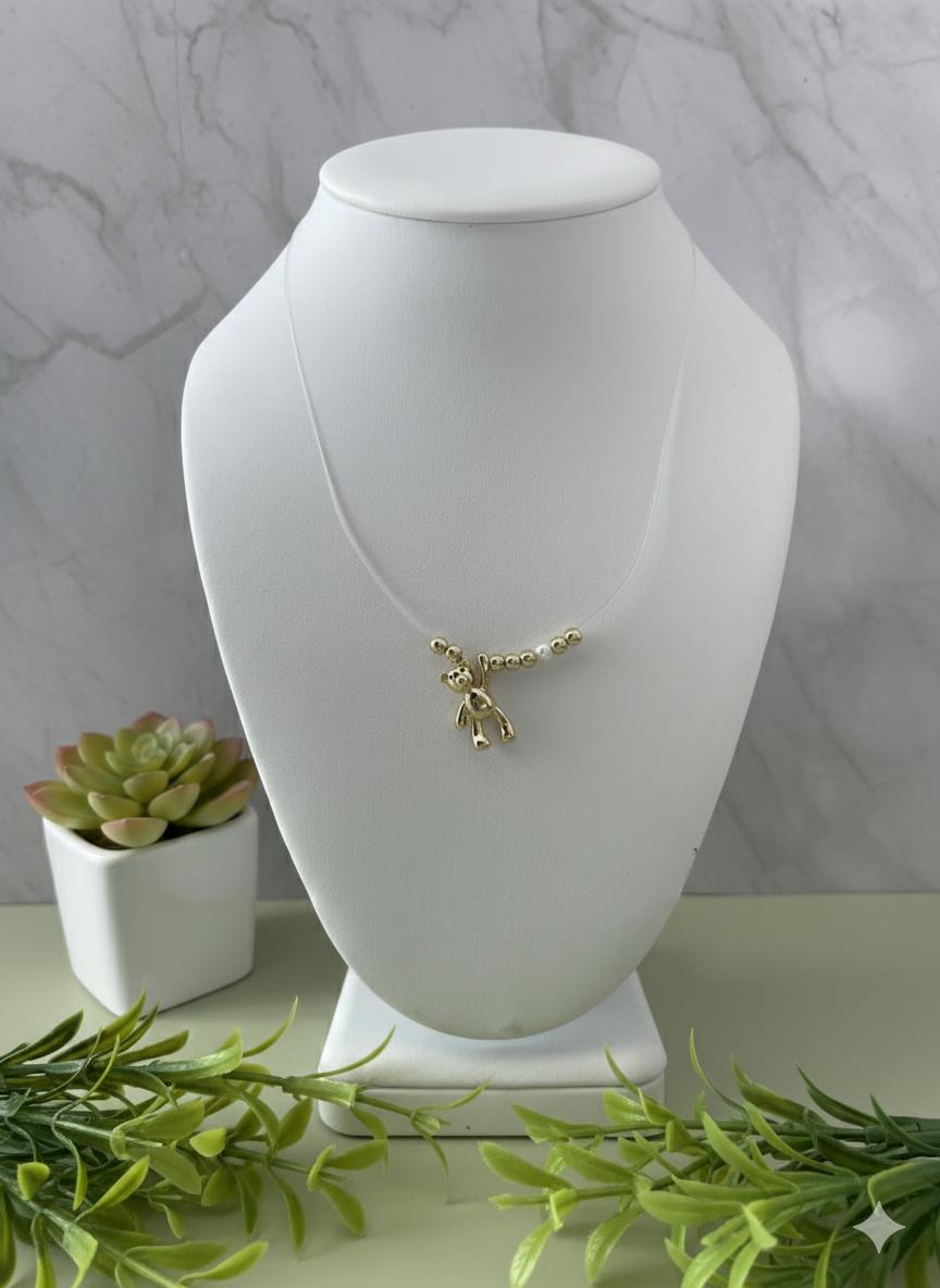 Gold Teddy Bear Necklace – Floating Bear Pendant on Invisible String with Pearls & Gold Beads, Cute Dainty Necklace Gift for Her