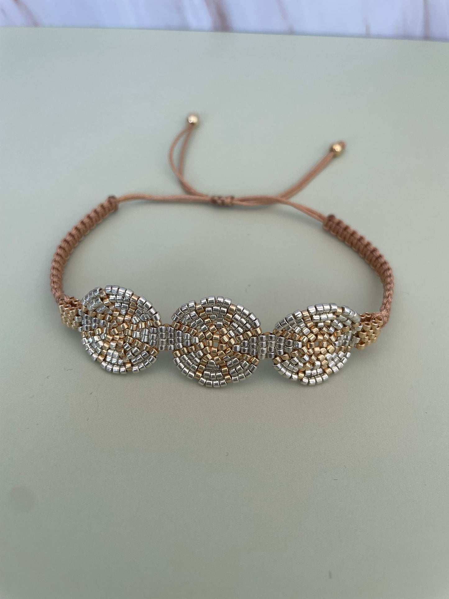 Handmade Miyuki Beaded Adjustable Bracelet – Gold & Silver Spiral Design