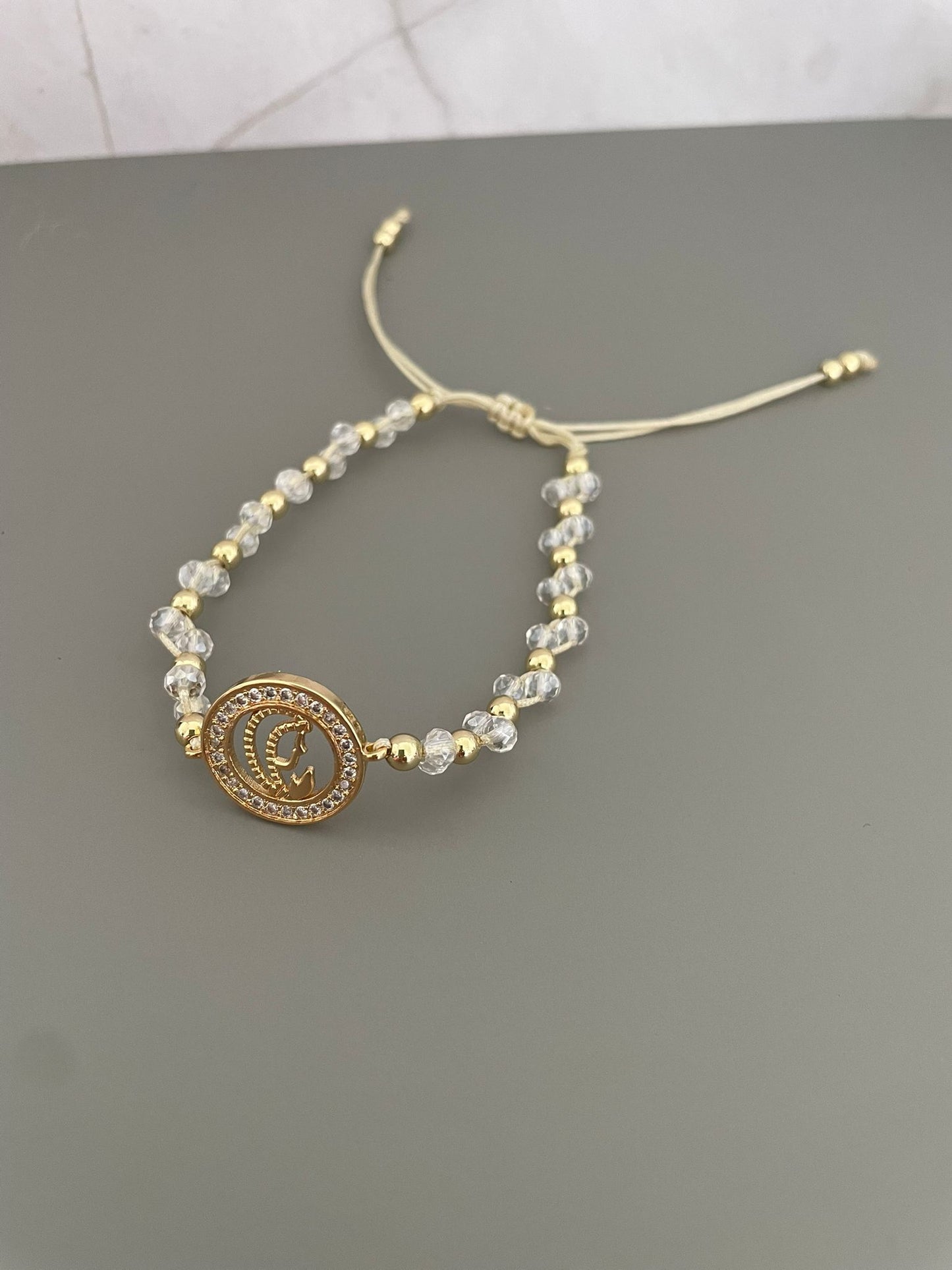 Handmade Adjustable Gold Bracelet with Crystal Beads and Initial Charm