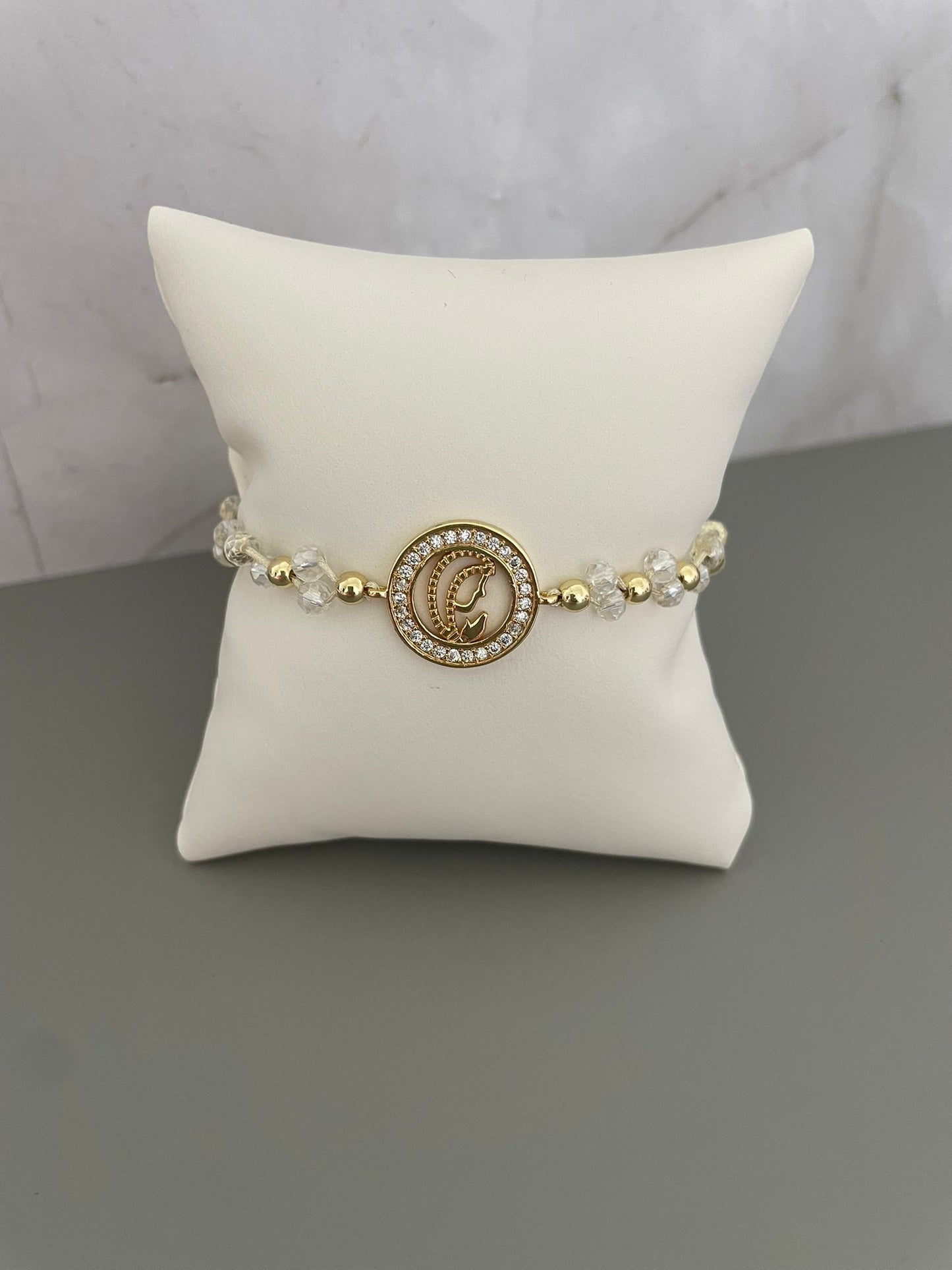 Handmade Adjustable Gold Bracelet with Crystal Beads and Initial Charm