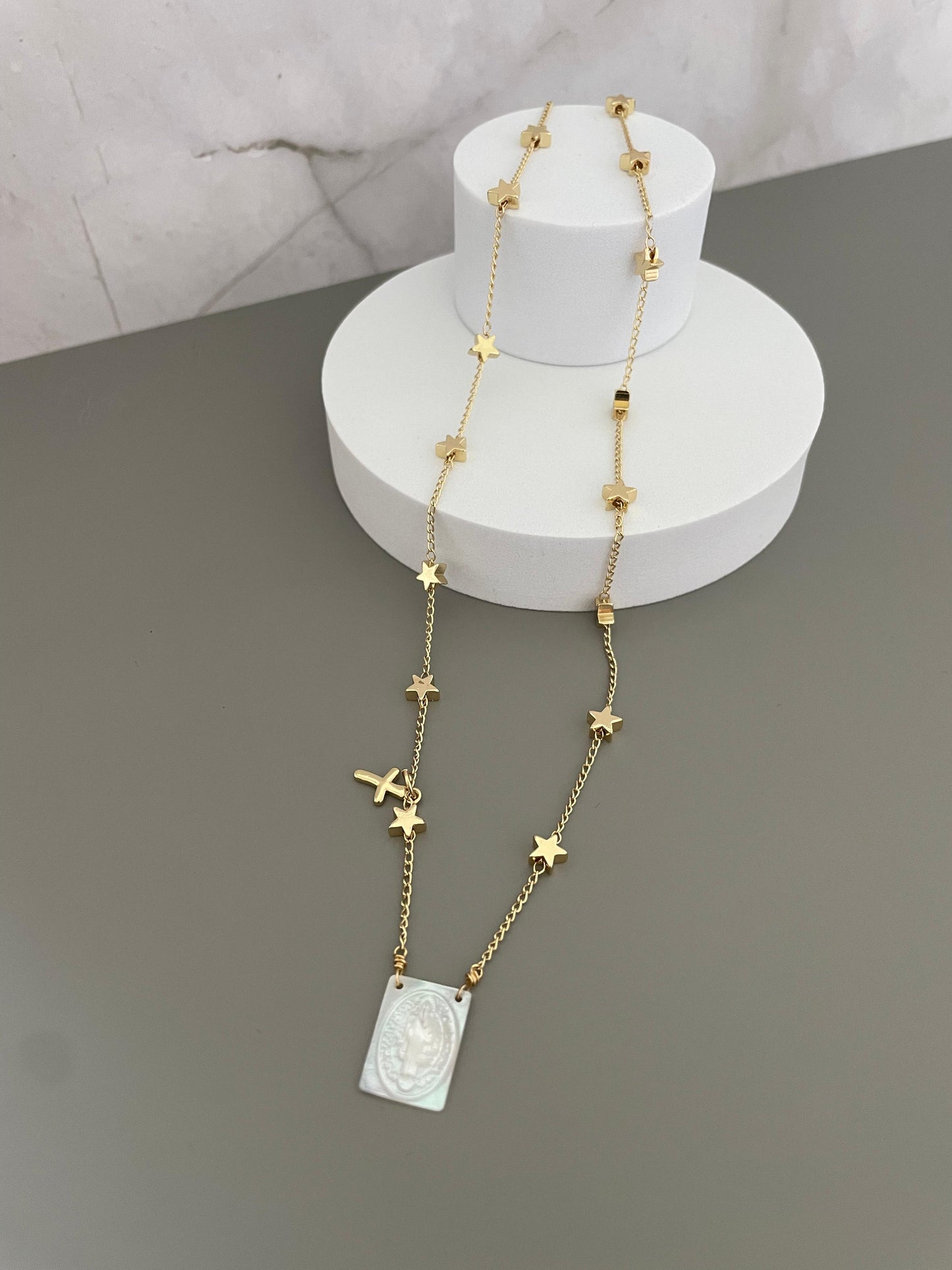 Handmade Gold Star Charm Necklace with Virgin Mary Pendant