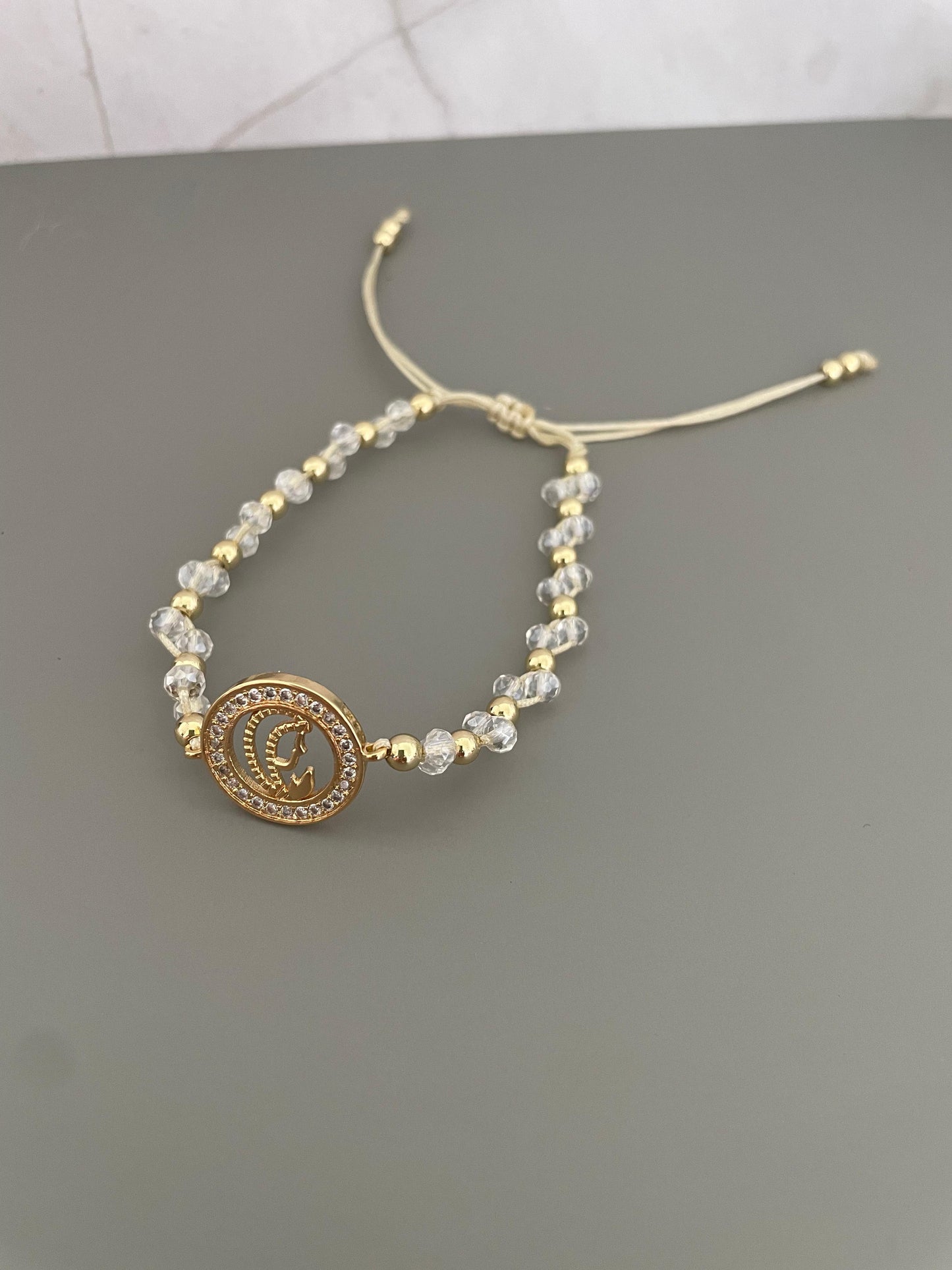 Handmade Adjustable Crystal Beaded Bracelet with Gold Initial Charm
