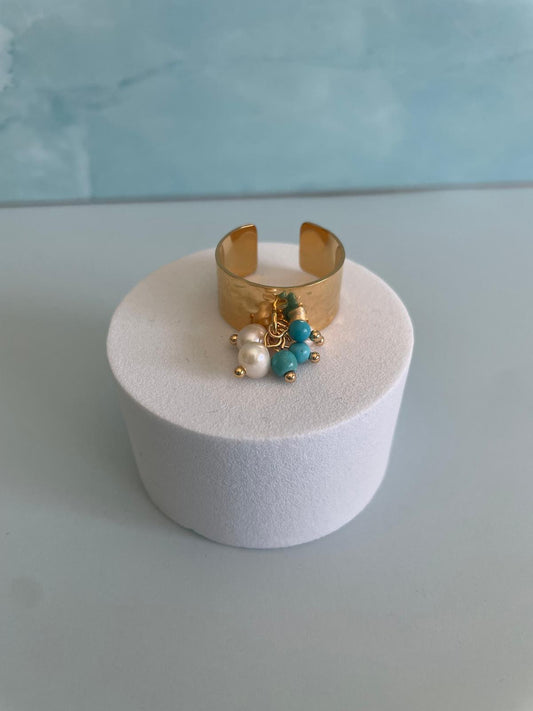 Gold Adjustable Ring with Pearl and Turquoise Charms