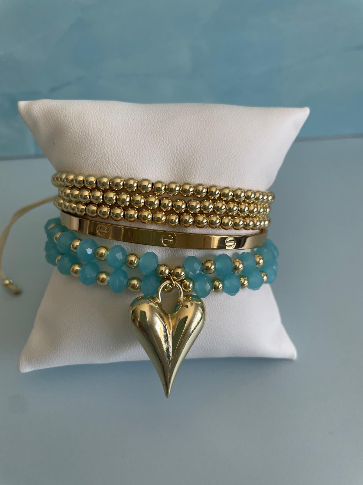 Stacked Gold and Blue Beaded Bracelets Set