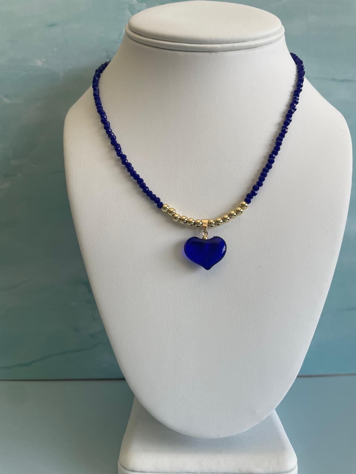 Royal Blue Beaded Necklace with Heart Pendant