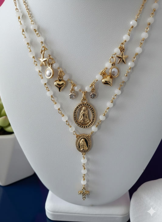 Layered Virgin Mary Rosary Necklace – White Beaded Gold Tone Catholic Necklace with Medals & Cross Pendant, Marian Jewelry Gift for Her
