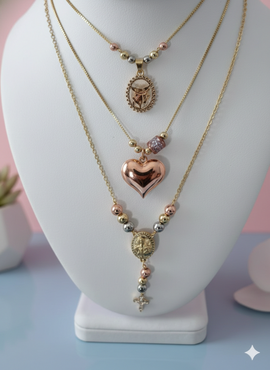 Layered Religious Necklace for Women – Gold Heart Pendant with Medals & Cross, Triple Chain Catholic Faith Necklace Gift.