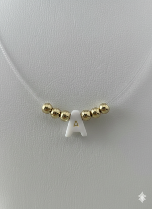 Minimalist “A” Initial Necklace – Floating Letter on Invisible String with Gold Beads, Dainty Personalized Jewelry Gift for Her