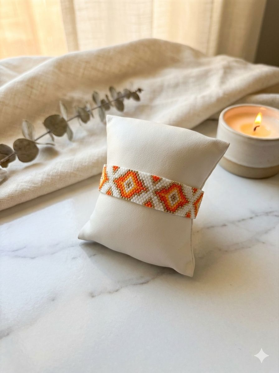 Handmade Miyuki Beaded Bracelet – White & Orange Geometric Cuff, Boho Seed Bead Jewelry, Wide Friendship Bracelet Gift for Her