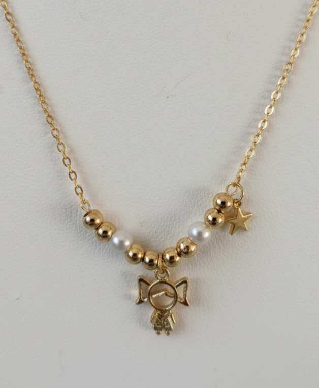 Little Girl & Star Charm Beaded Necklace (Gold-Tone + Pearl Beads)