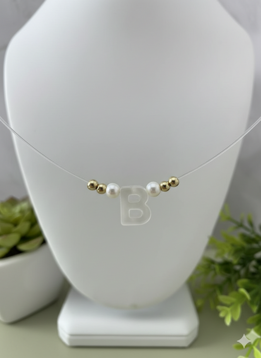 Minimalist “B” Initial Necklace – Floating Letter on Invisible String with Pearls & Gold Beads, Dainty Personalized Jewelry Gift for Her