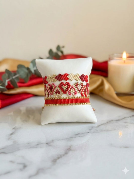 Handmade Miyuki Heart Bracelet Set – Red & Gold Beaded Friendship Bracelets, Layered Boho Stack, Valentine’s Day Gift for Her