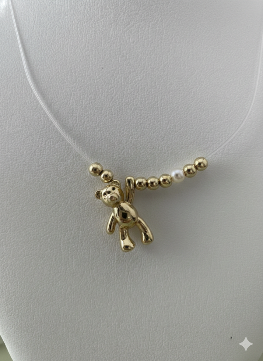 Gold Teddy Bear Necklace – Floating Bear Pendant on Invisible String with Pearls & Gold Beads, Cute Dainty Necklace Gift for Her