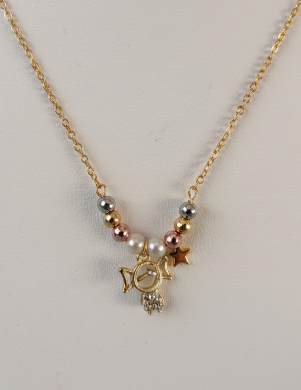 Little Girl & Star Charm Necklace (Gold-Tone, Mixed Beads)
