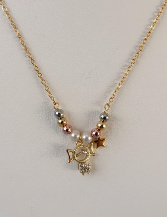 Little Girl & Star Charm Necklace (Gold-Tone, Mixed Beads)