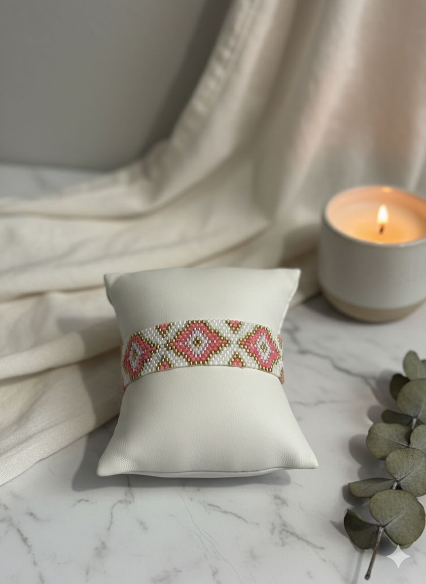 Handmade Miyuki Beaded Bracelet – Pink & White Geometric Cuff, Boho Seed Bead Jewelry, Wide Bracelet Gift for Her
