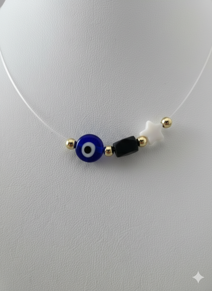 Evil Eye Necklace on Invisible String – Blue Nazar, Black Bead & White Star with Gold Beads, Minimalist Protection Jewelry Gift for Her