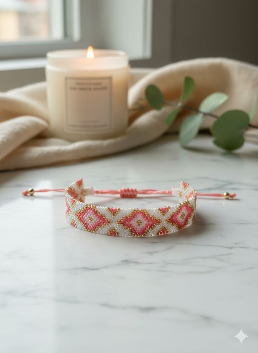 Handmade Miyuki Beaded Bracelet – Pink & White Geometric Cuff, Boho Seed Bead Jewelry, Wide Bracelet Gift for Her