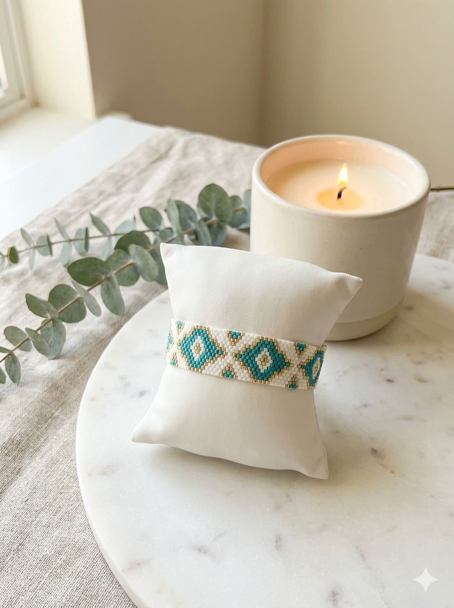 Handmade Miyuki Beaded Bracelet – Turquoise & White Geometric Cuff, Boho Seed Bead Jewelry, Wide Bracelet Gift for Her