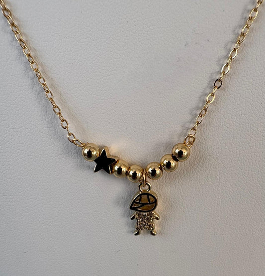 Dainty Gold Beaded Necklace Boy Charm Pendant Black Star Minimalist