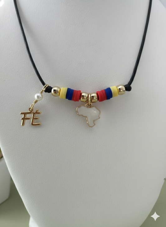 Venezuela Map Necklace with “Fe” Charm – Black Cord Choker with Gold Beads & Venezuelan Flag Colors, Faith Jewelry Gift for Her