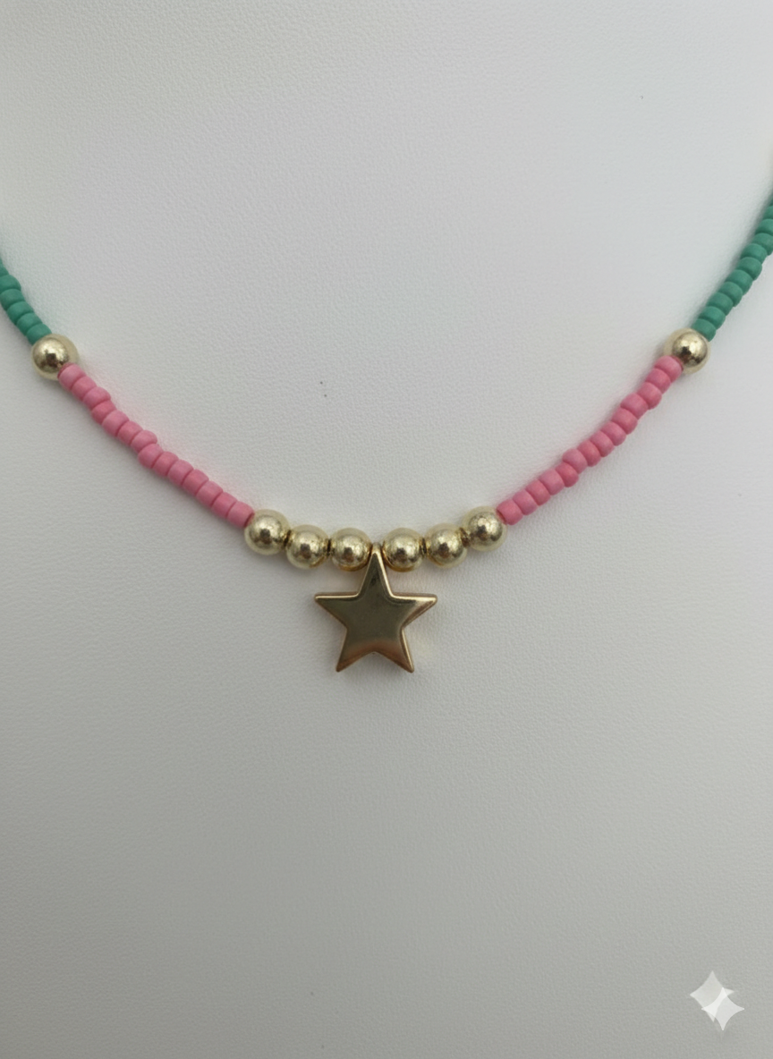 Colorful Beaded Star Necklace – Pink & Green Seed Bead Choker with Gold Star Charm, Dainty Boho Jewelry Gift for Her