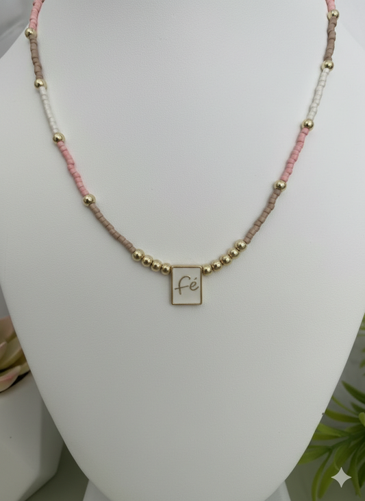 Pastel “Fé” Faith Necklace – Pink, White & Nude Beads with Gold Stainless Steel Pendant, Dainty Christian Gift for Her