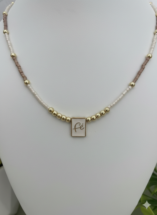 Neutral “Fé” Faith Necklace – Nude & White Beaded Necklace with Gold Stainless Steel Fé Pendant, Dainty Christian Necklace Gift for Her.