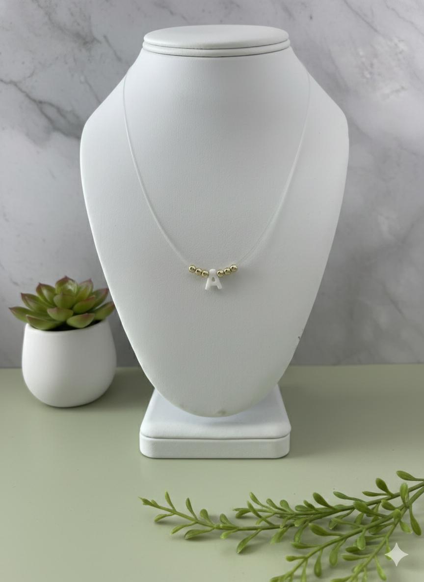 Minimalist “A” Initial Necklace – Floating Letter on Invisible String with Gold Beads, Dainty Personalized Jewelry Gift for Her
