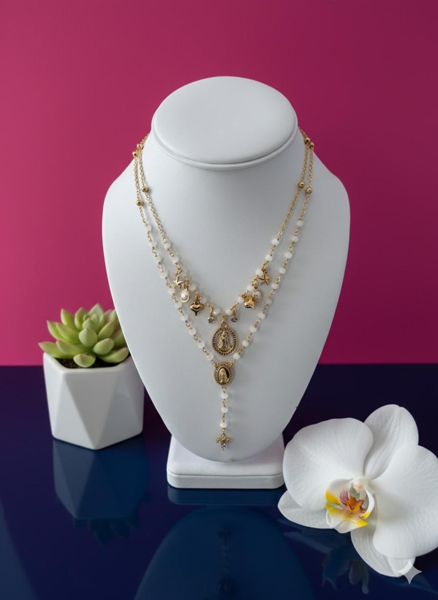 Layered Virgin Mary Rosary Necklace – White Beaded Gold Tone Catholic Necklace with Medals & Cross Pendant, Marian Jewelry Gift for Her