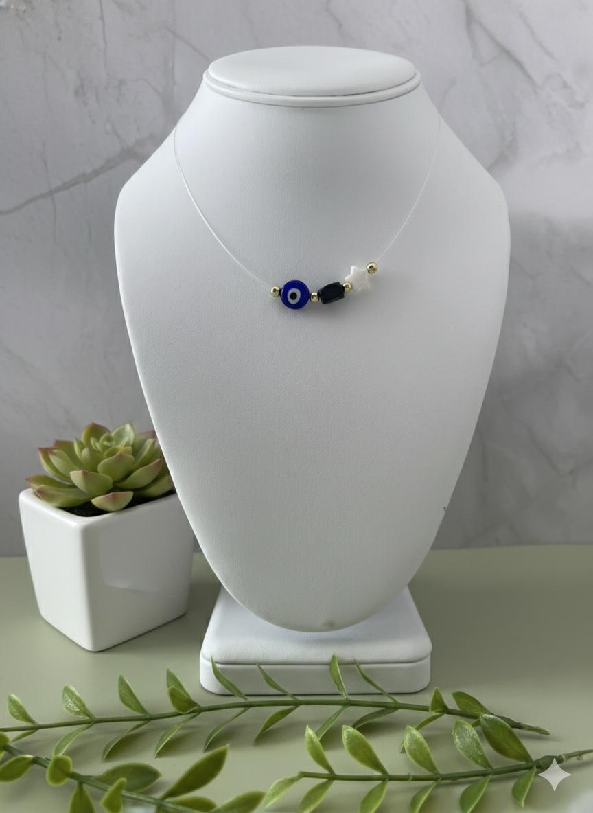 Evil Eye Necklace on Invisible String – Blue Nazar, Black Bead & White Star with Gold Beads, Minimalist Protection Jewelry Gift for Her