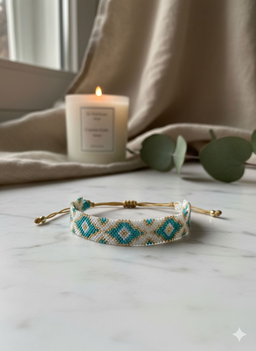 Handmade Miyuki Beaded Bracelet – Turquoise & White Geometric Cuff, Boho Seed Bead Jewelry, Wide Bracelet Gift for Her