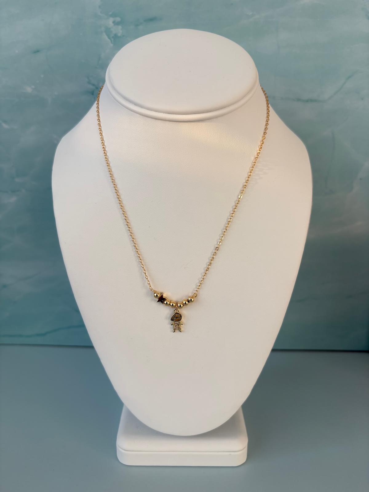 Dainty Gold Beaded Necklace Boy Charm Pendant Black Star Minimalist