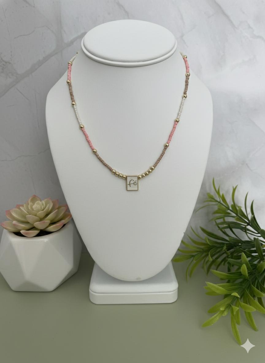 Pastel “Fé” Faith Necklace – Pink, White & Nude Beads with Gold Stainless Steel Pendant, Dainty Christian Gift for Her