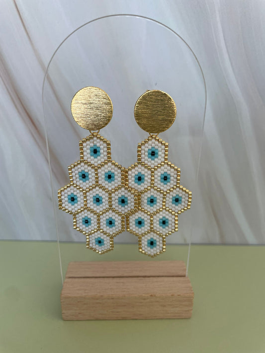 Handmade Miyuki Beaded Hexagon Earrings – Gold, White & Turquoise