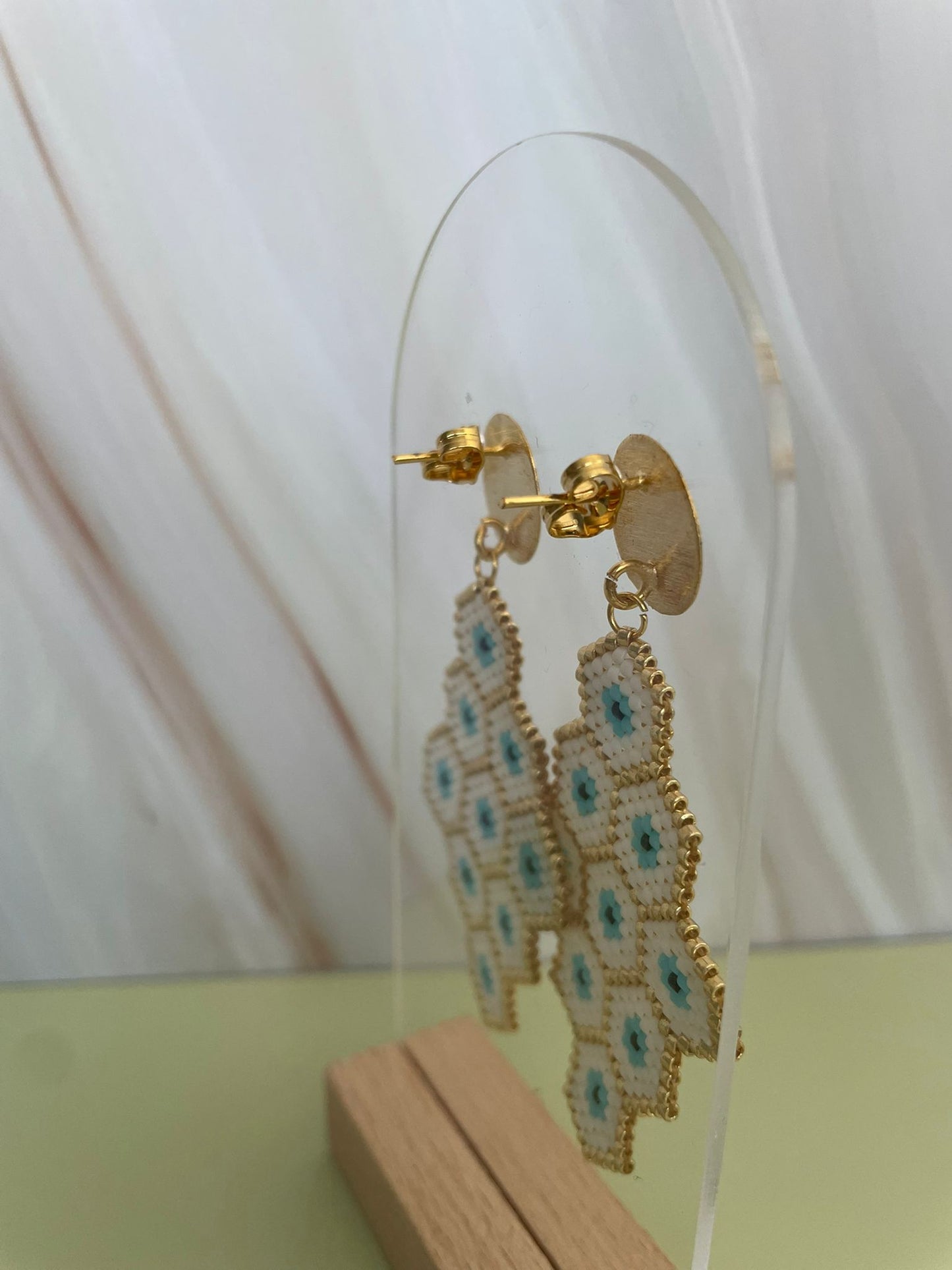 Handmade Miyuki Beaded Hexagon Earrings – Gold, White & Turquoise