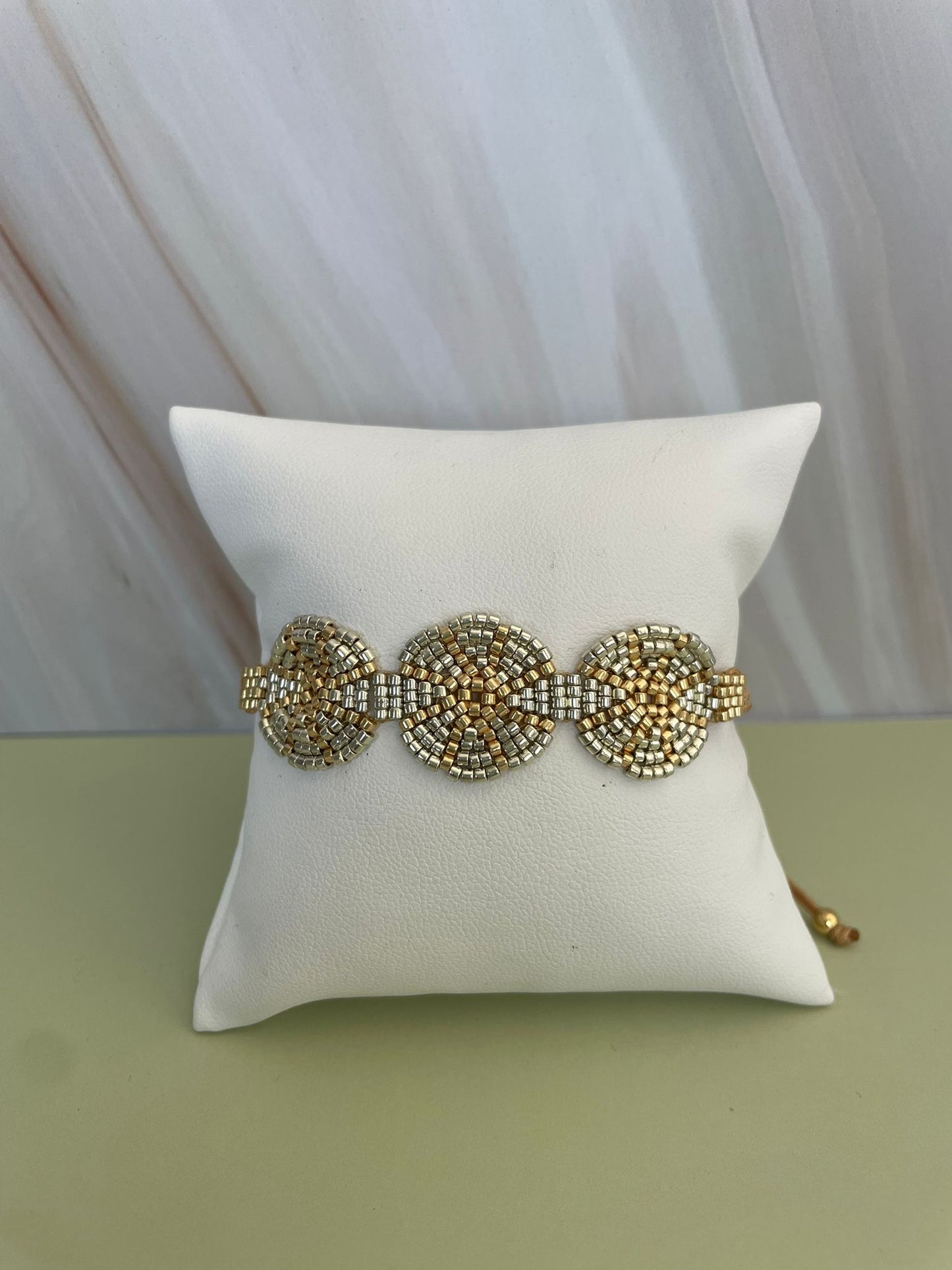 Handmade Miyuki Beaded Adjustable Bracelet – Gold & Silver Spiral Design