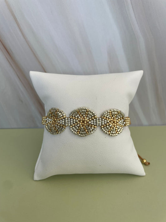 Handmade Miyuki Beaded Adjustable Bracelet – Gold & Silver Spiral Design