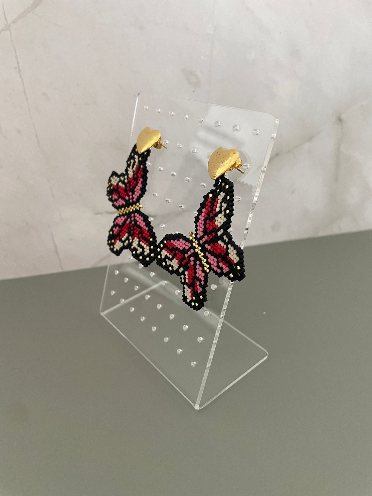 Handmade Miyuki Beaded Butterfly Earrings - Pink and Black Statement Earrings - Gold Heart Stud - Lightweight Boho Jewelry Gift
