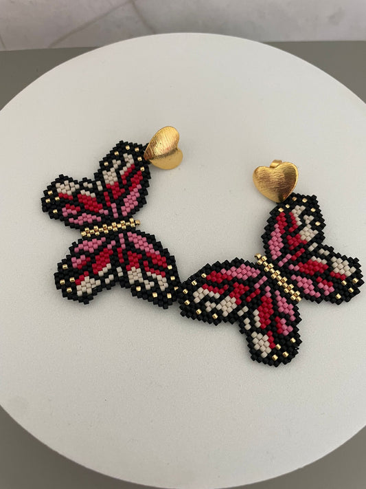 Handmade Miyuki Beaded Butterfly Earrings - Pink and Black Statement Earrings - Gold Heart Stud - Lightweight Boho Jewelry Gift