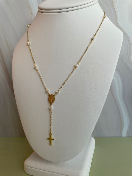Gold Rosary Necklace with Pearl Beads and Cross Pendant - Virgin Mary Charm - Catholic Religious Jewelry - Gift for Her