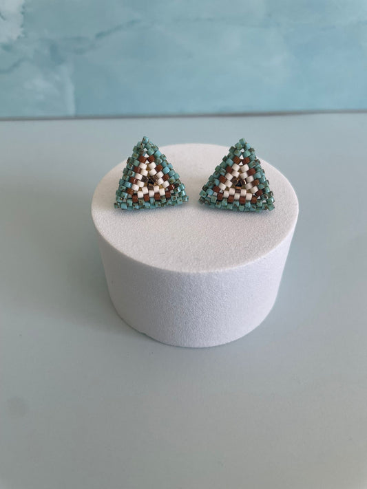 Handmade Miyuki Triangle Stud Earrings - Beaded Geometric Earrings - Turquoise, White & Brown Seed Bead Jewelry - Minimalist Boho Gift