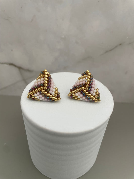 Handmade Miyuki Triangle Beaded Earrings – Gold, Pink & Multicolor